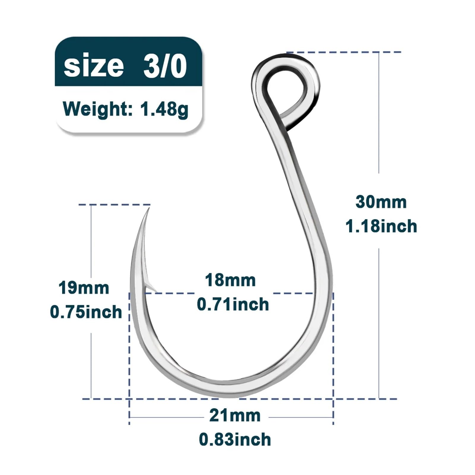 Hameçons de pêche 25 pièces, Crochet de gabarits, Oeil de Carpe, hameçons en Ligne barbelés, Accessoires de pêche en Acier à Haute teneur en Carbone en Eau salée(Size3 0 Gap 18mm,50 Pcs)