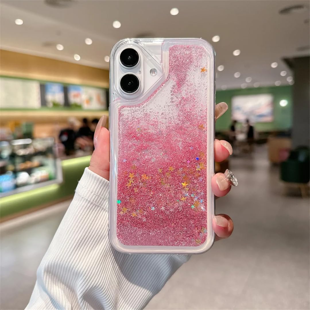 Coque iPhone 16 Plus transparente paillettes liquides or rose - 7