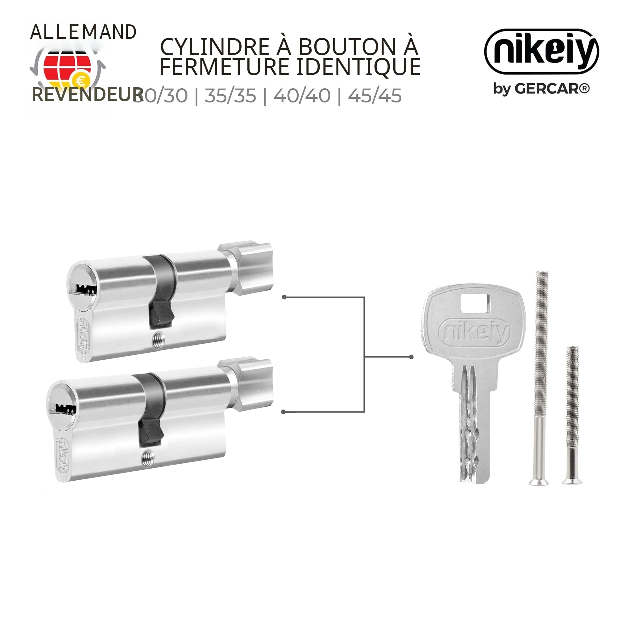 GERCAR Lot de 2 cylindres de fermeture à bouton - Serrure de porte - 45/45 - Avec 10 clés - Serrure à cylindre avec bouton - Longueur : 90 mm, A : 45 B : 45 - Lot de 2.