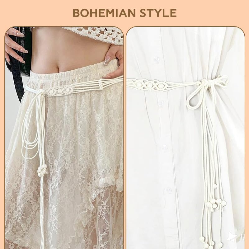 Vintage Western Belts Braided Woven Rope Belt with Tassel Boho Beaded Tie Belt Waistband for Womens Dress Jeans3