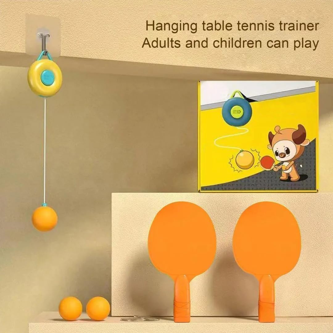 MOKRUSH Kids Indoor Hanging Table Tennis Trainer Set, 2 Rackets, 3 Balls, Adjustable Height, Pack of 1 2