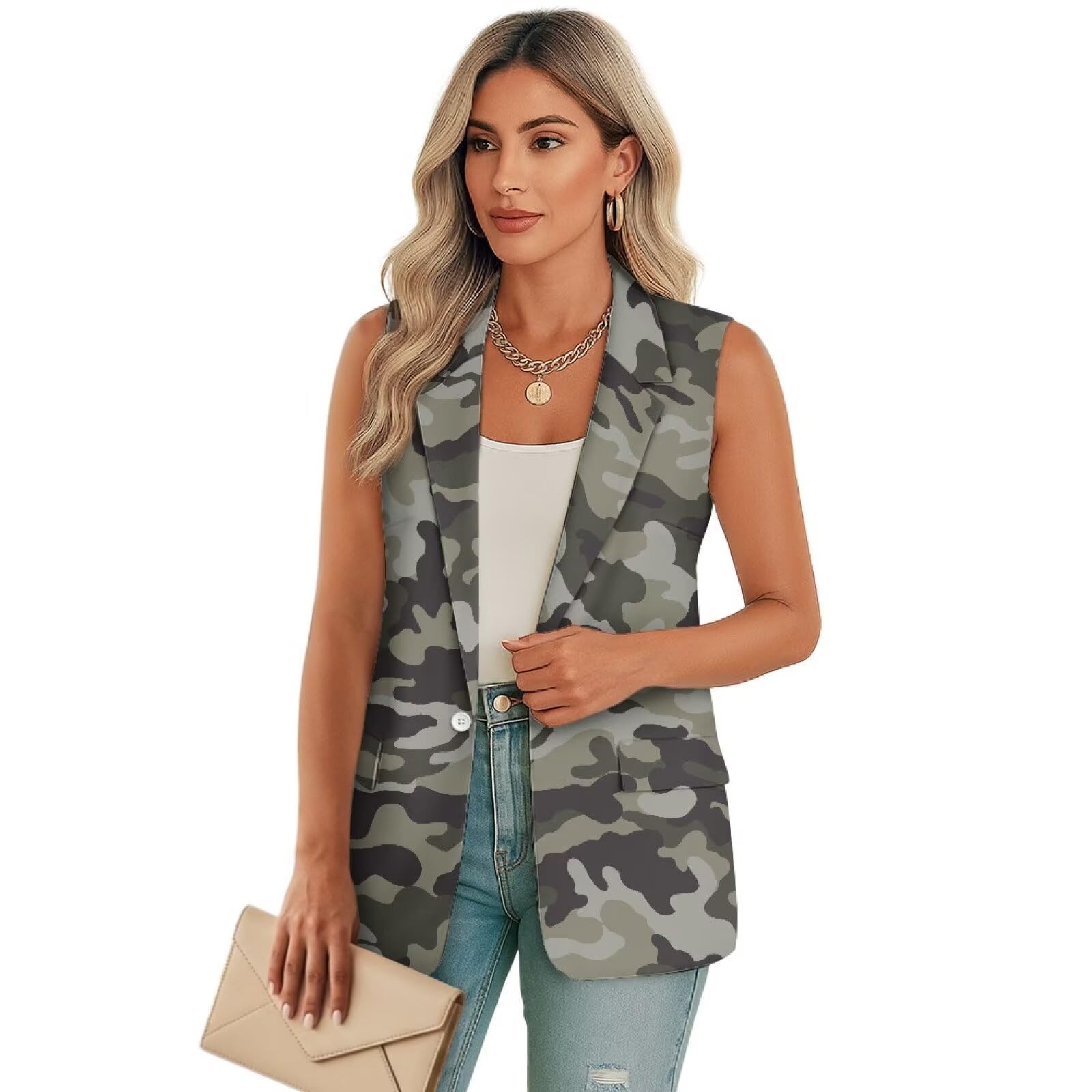 Womens Casual Suit Vest Loose Fit One Button Waistcoat Sleeveless Blazer Jackets Dressy Suit Jacket with Pockets