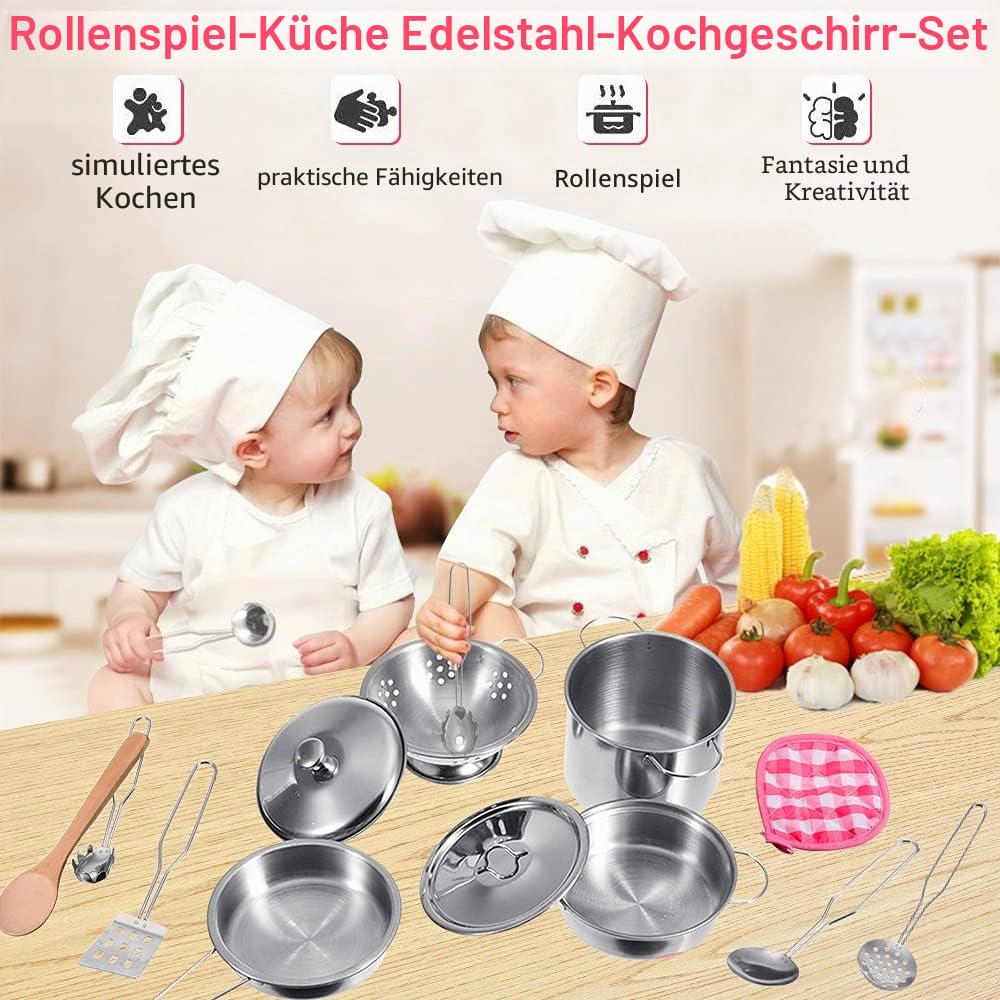Edelstahl Pretending Cooking Utensils Kochgeschirr Set, Mini Play Kitchen Zubehör, Spielen Töpfe und Pfannen Spielzeug in einem goldenen Stoffbeutel für Kinder Kleinkinder verpackt