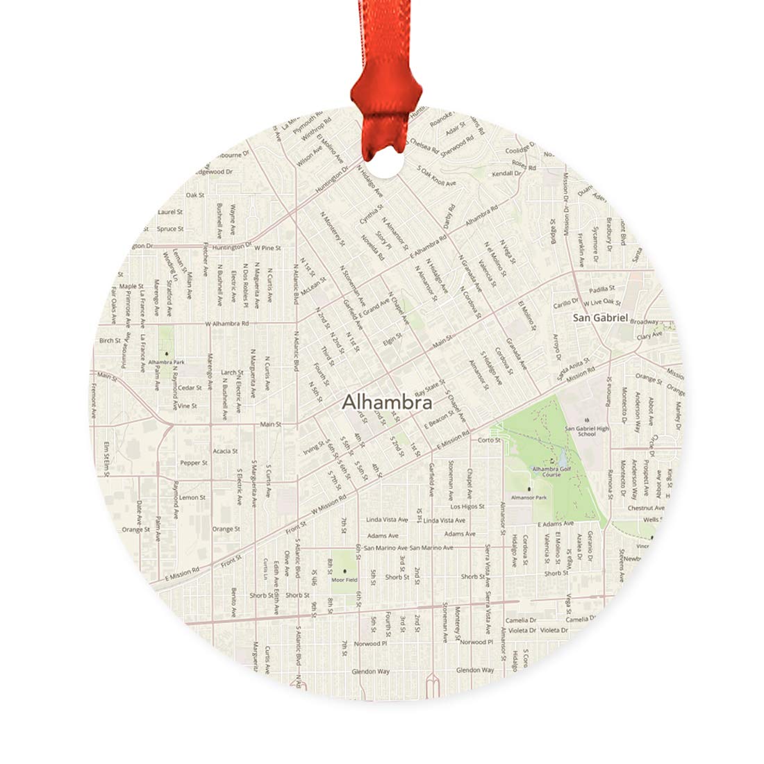 Andaz Press U.S. City Map Round Natural Wood MDF Christmas Ornament Gift, Alhambra, California Vintage Map, 1-Pack, Long Distance College Going Away