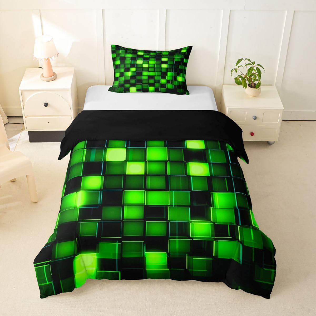 Geometric Pixel Block Duvet Cover Set Toddler Size for Kids Bedroom Decor