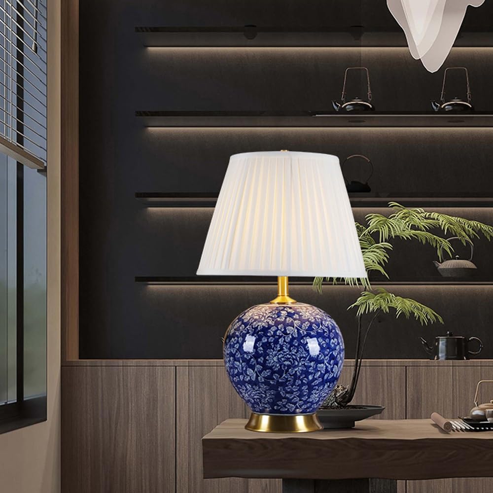 Lampka nocna do sypialni – ceramiczna lampa do salonu, lampka nocna z białym lnianym odcieniem, nowoczesna lampa do sypialni (przełącznik zdalnego sterowania)