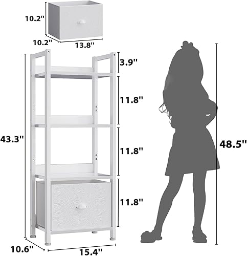 Miniatura 3 de Furologee Estantería blanca de 4 niveles con cajón, estantería pequeña y estrecha con estantes, moderna unidad de estante independiente, estantes de