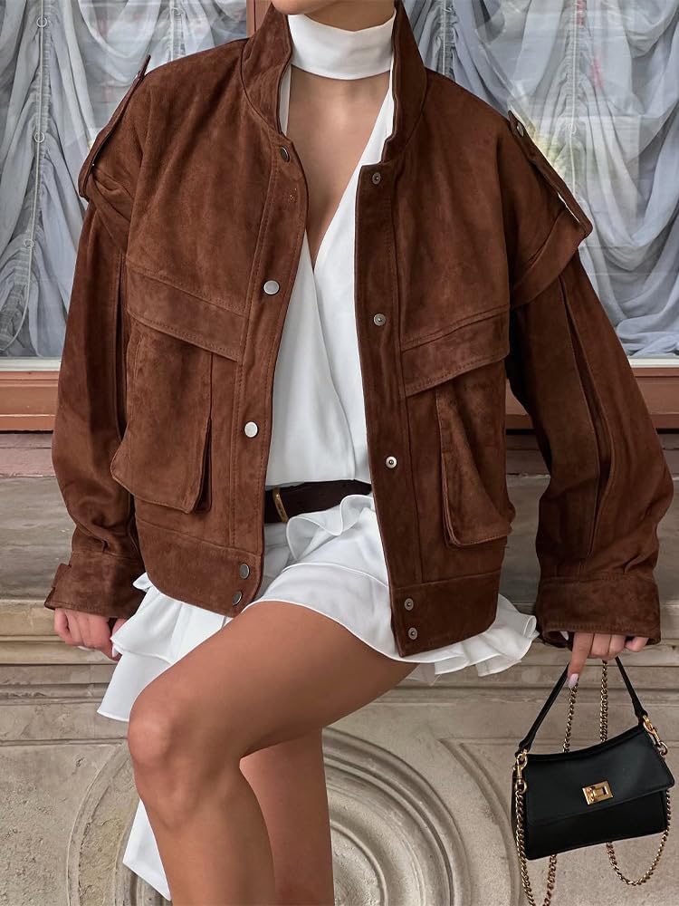 HOTIAN Women's Oversized Suede Biker Jacket - Cropped Stand Collar Faux Suede Moto Coat for Fall & Winter