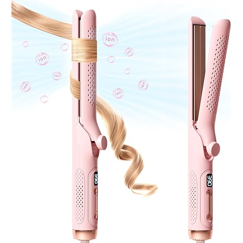 Hahahope Hair Straightener Curler 2-in-1: 1.25" Flat Iron for Women - Curling Wand 360° Airflow Cooling Vents Titanium Ionic for Less Frizz - 5 Temps & Auto Off Dual Voltage (Pink)