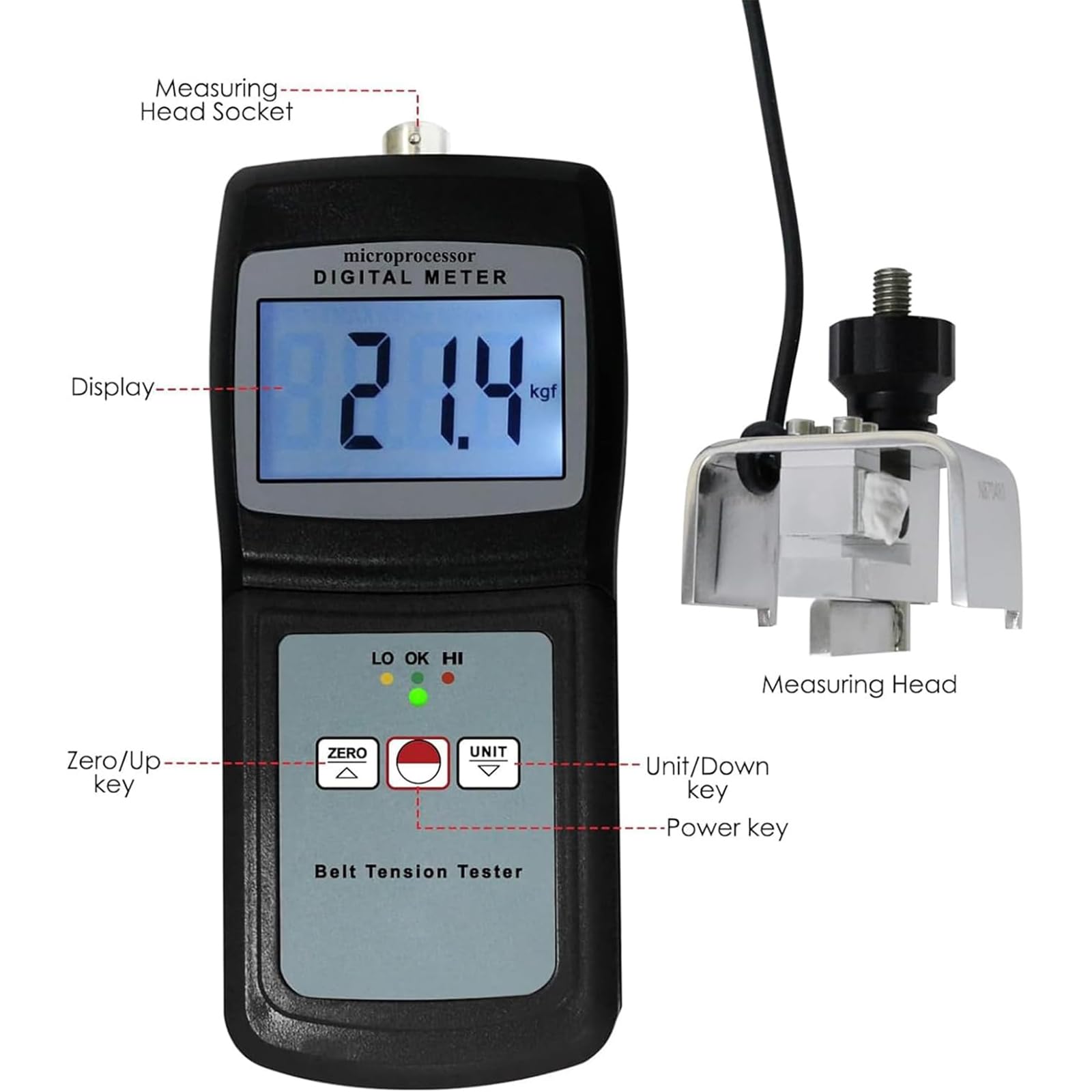 Digitales Gurtspannlehre, Messgerät mit Ton- und Lichtalarm, maximale Riemenbreite 36 mm, misst 0-77 kg/0-54.4 kg / 0-750 N, 4-Einheiten-Umrechnung