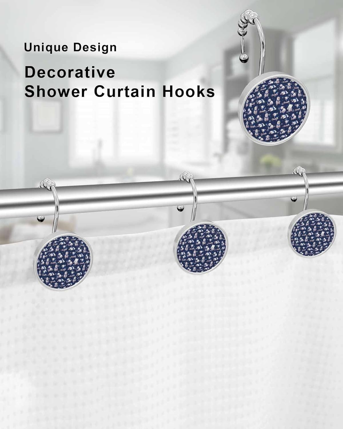 Shower Curtain Hooks 12 Pcs Christmas Pink Cute Polar Bear Snowflake Navy Blue Stainless Steel Rust Proof Rolling Shower Curtain Rings, Decorative Shower Curtain Hooks Hangers for Bathroom
