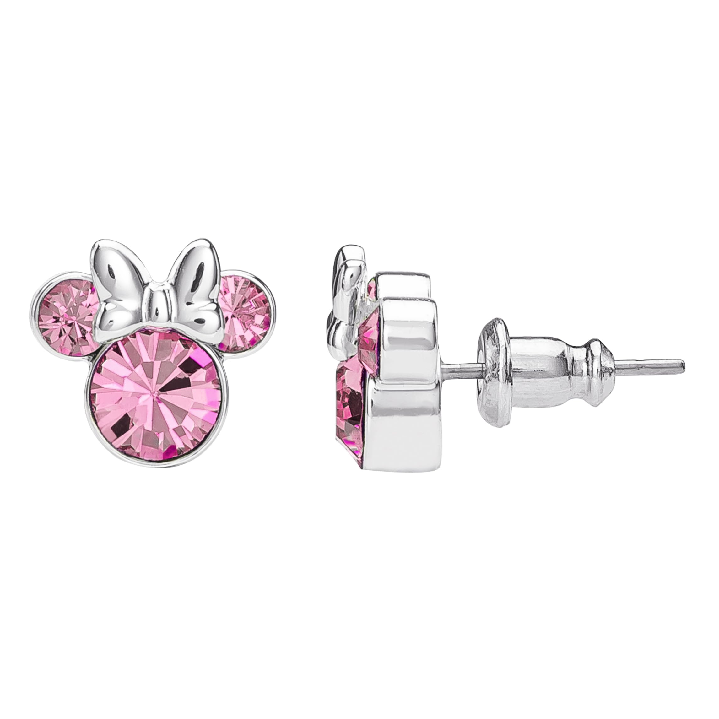 Pendientes de tuerca chapados en plata con cristal rosa de Minnie Mouse para niñas y mujeres, talla única, Chapado en plata, Sin piedra preciosa