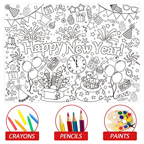 Image of Giant Happy New Year Coloring Poster for Kids 2026 New Years Eve Giant Coloring Tablecloth Large Books Huge Sheet Page Table Cover for Wall Boys Girls Classroom Home Holiday Party Supplies 31x43In