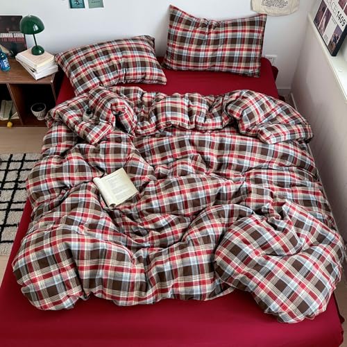 Image of VM VOUGEMARKET Red Brown Plaid Duvet Cover Set King,3 Pieces Washed Cotton Bedding Set,Breathable Luxury Checkered Duvet Cover with 2 Pillowcases