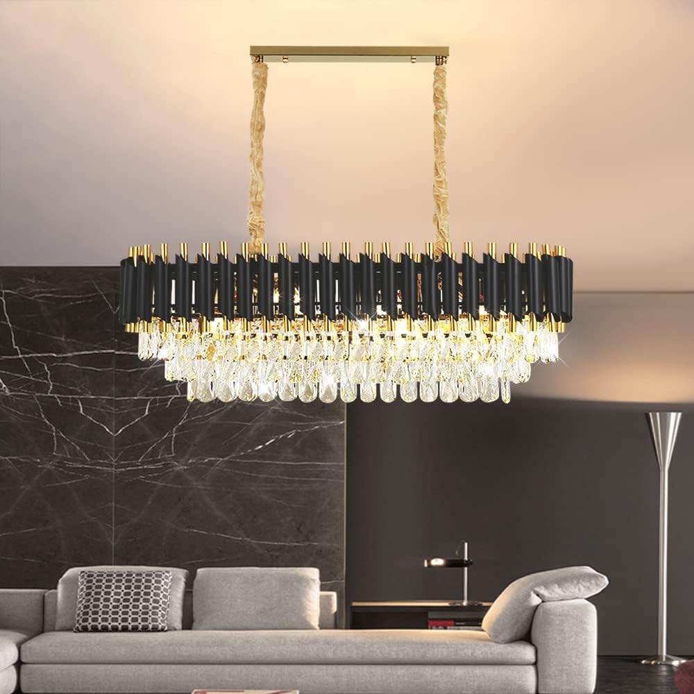 Modern Led Rectangle Crystal Chandelier Jhumar with Black and Gold Finish Luxury Ceiling Light Fixture Elegant Light for Living Room, Dining Room, Foyer or Bedroom (800 * 300MM)