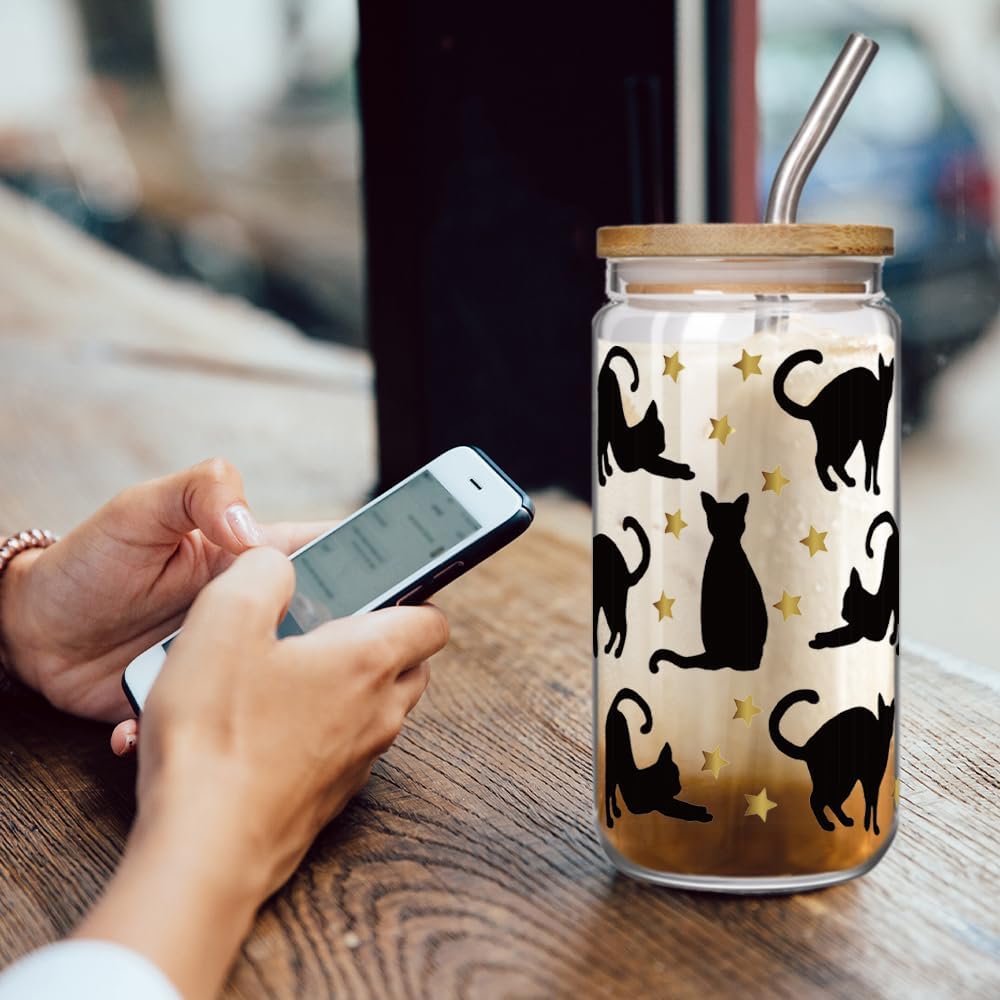 Black Cat 16oz Glass Cup With Lids and Straw Christmas Gifts for Cat Lovers Women Girls, Crazy Cats Lady Cup Gift for Friend Mom Mothers Day Bestie, Graduation Gifts for Friends - Image 3