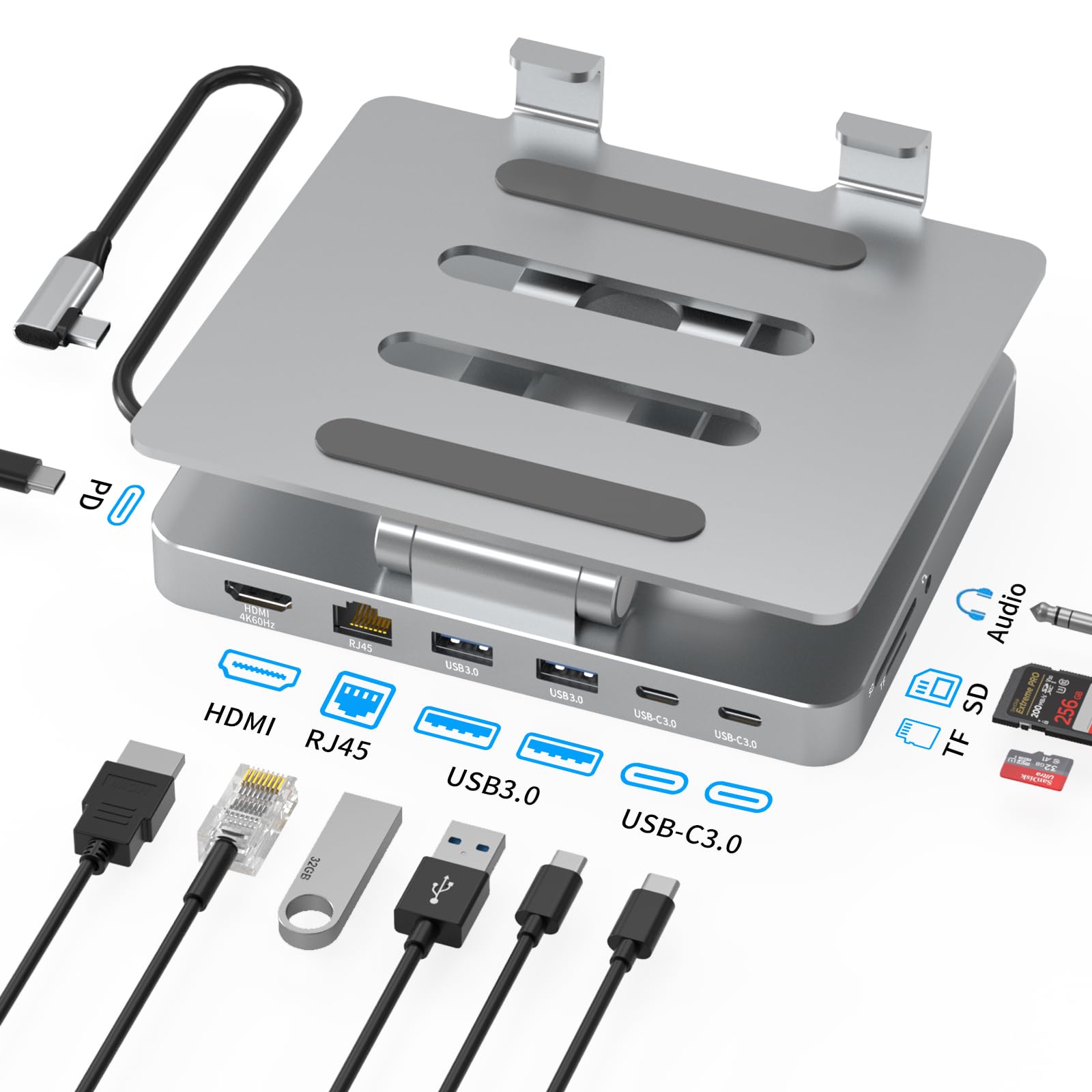 Stojaczek iPad Pro USB C Hub, adapter 10-w-1 do iPad Pro M4 M2 M1 iPad Air, stacja dokująca 4K 60 Hz HDMI, PD, czytnik kart SD/TF, USB 3.0, 3,5 mm audio, RJ45 Ethernet, akcesoria do iPad, tablet