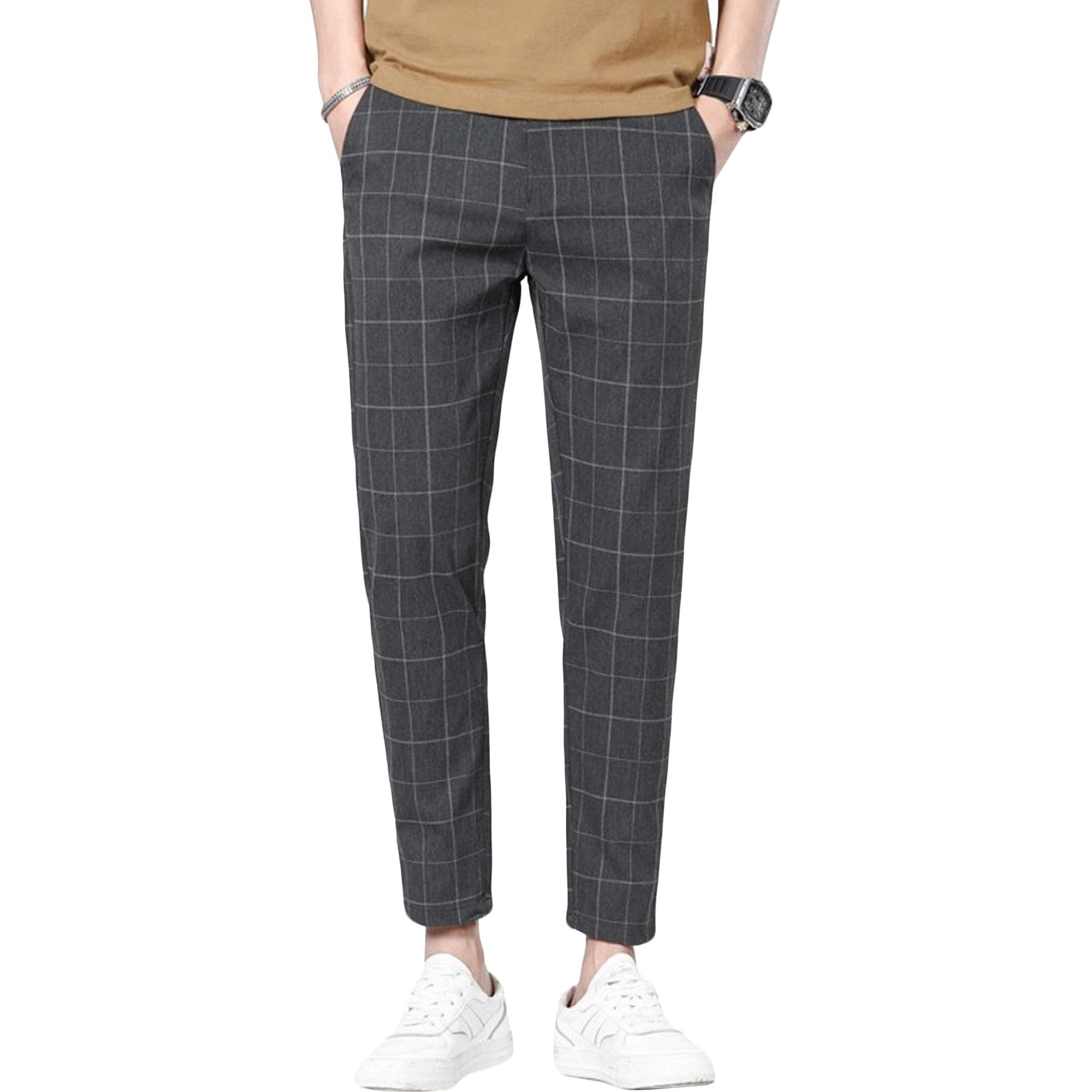 Mens Slim Fit Plaid Skinny Long Pants Golf Chinos Stretch Skinny Trousers Stretch Chino Business Dress Pant