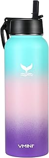 Vmini Water Bottle with Straw, Wide Rotating Handle Straw Lid, Wide Mouth Double Walled Vacuum Insulated Stainless Steel Water Bottle, Gradient Mint+Pink+Purple, 40 oz