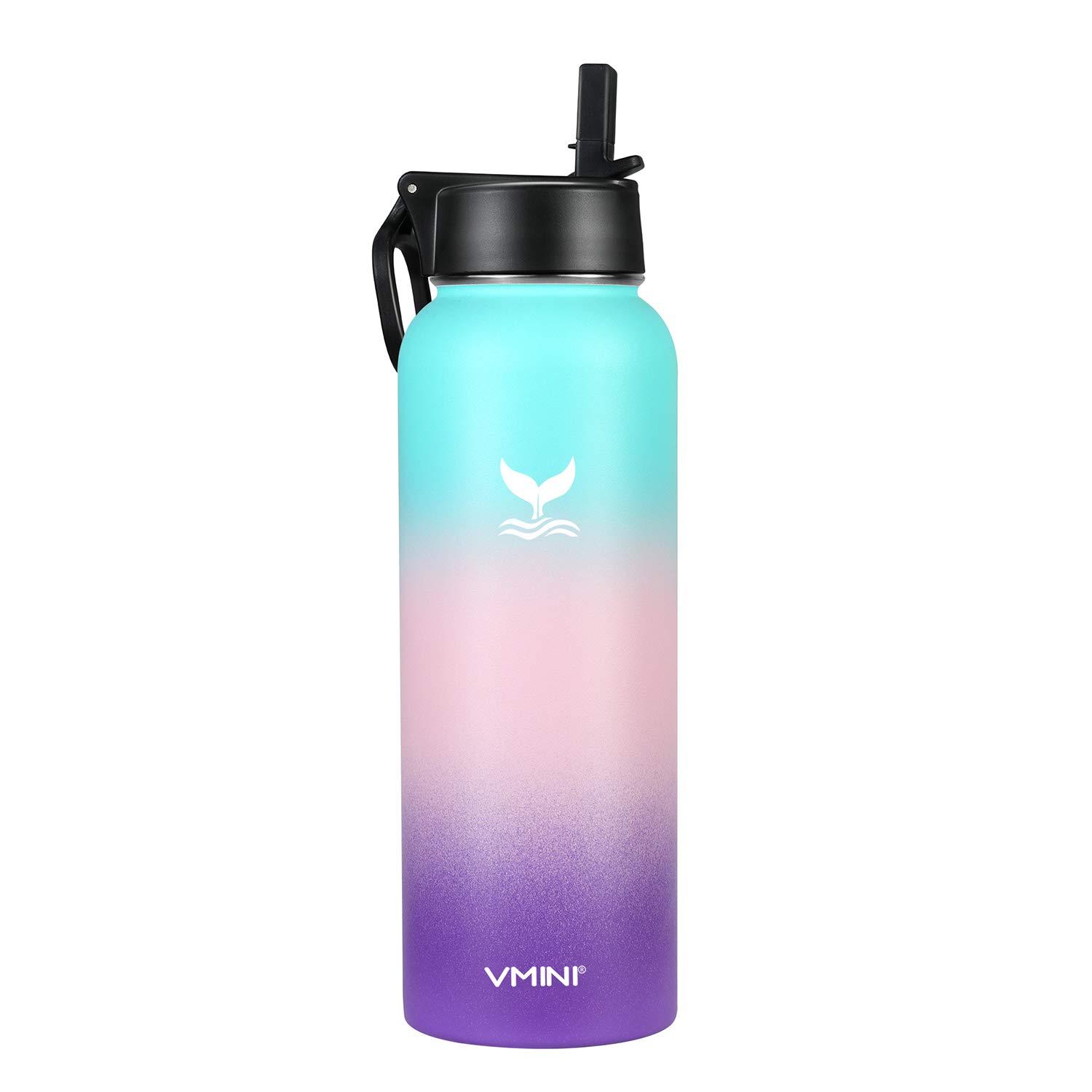 Vmini Water Bottle with Straw, Wide Rotating Handle Straw Lid, Wide Mouth Double Walled Vacuum Insulated Stainless Steel Water Bottle, Gradient Mint+Pink+Purple, 40 oz