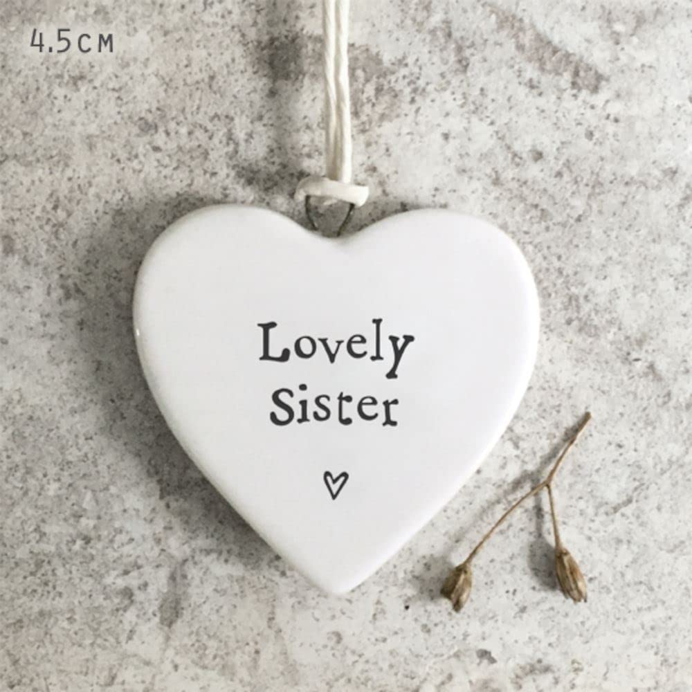East of India White Ceramic ""Lovely Sister"" Heart Sign/Tag Hanging Decor 4.5cm