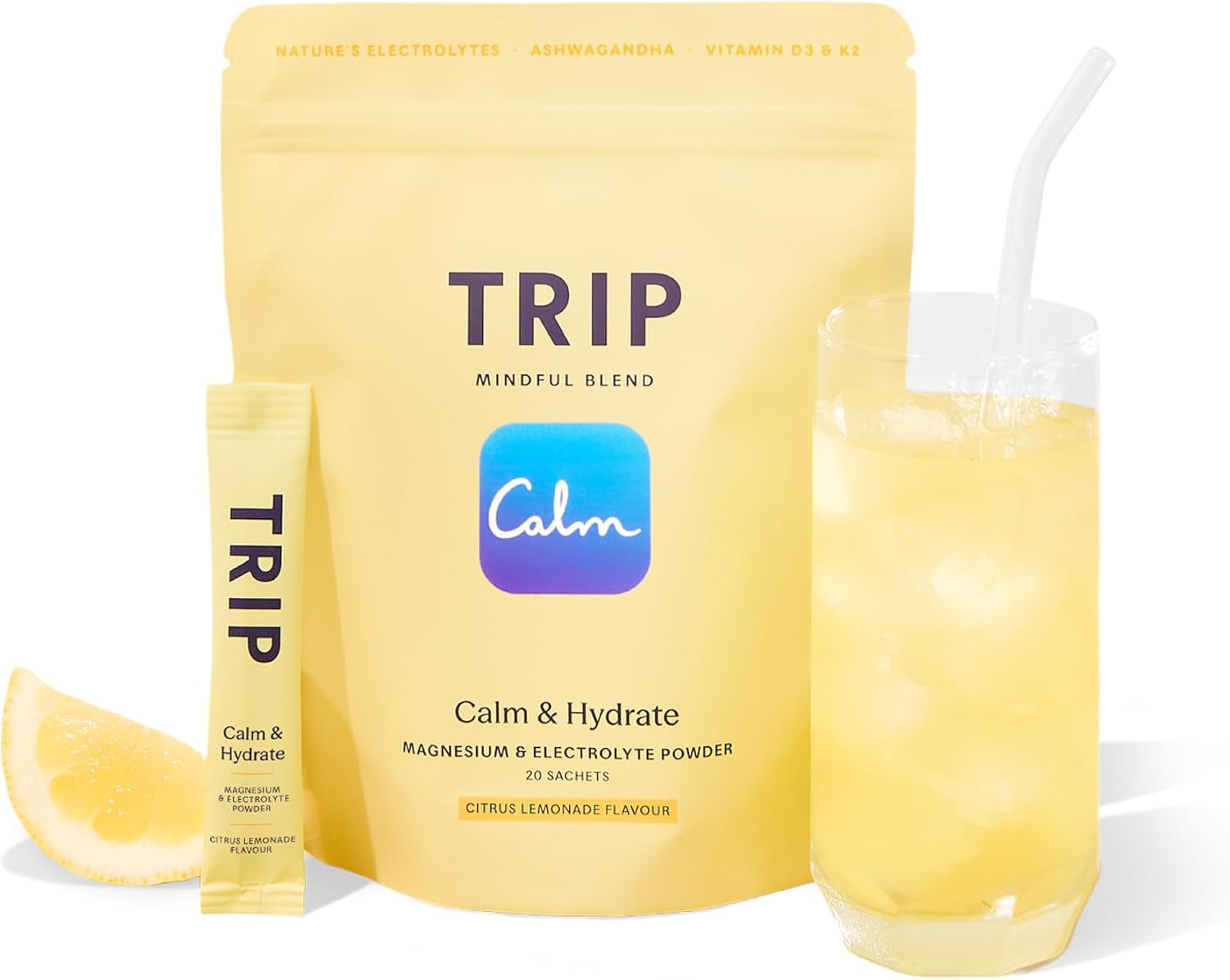 Trip Calm & Hydrate Electrolyte + Magnesium Powder Citrus Lemonade | Hydration Drink Mix with Coconut Water Electrolytes, Ashwagandha & Vitamins D3 + K2 | Low Sugar + Vegan | 20 Sachets