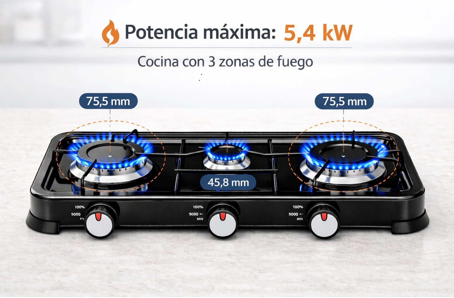 Réchaud à gaz portable à 3 feux pour extérieur, réchaud à gaz butane et propane avec couvercle amovible, flamme réglable, 5,4 kW, cuisinière d'appoint compacte (3 feux)