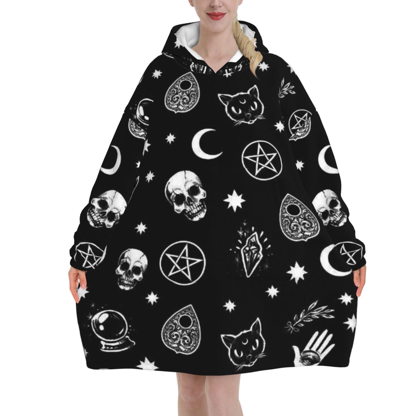 Gothic Skull Cat Moon Blanket Hoodie - Goth Gifts for Girlfriend & boyfriend, Soft Cozy Birthday Present Ideas for Women, Aldult Winter Warm Halloween Flannel Wearable Blanket with Pocket