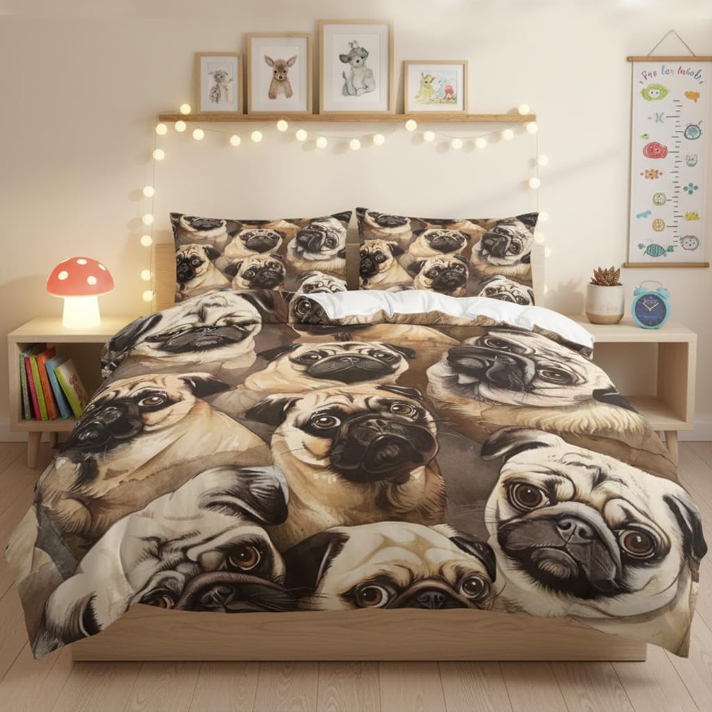 CCoutueChen Kids Twin Size Duvet Cover Boys Girls Funny Cute Dog Pug Soft Bedding, 2 Pcs Warm Microfiber Bed Set with 1 Pillowcase/68 x86