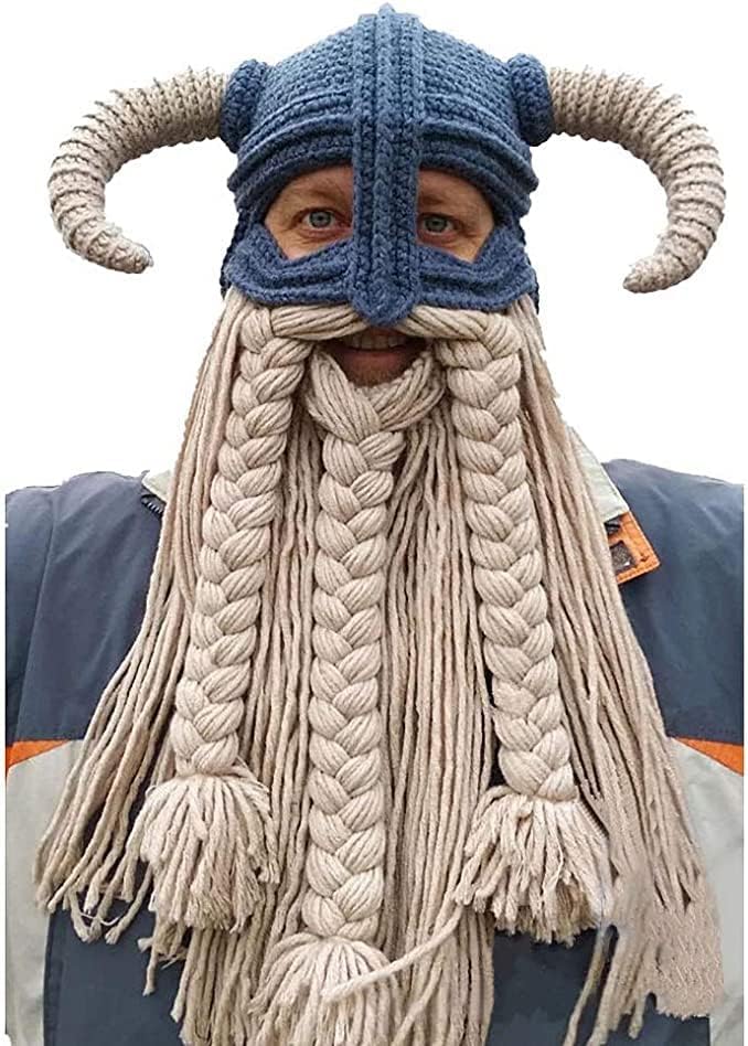 Adult Long Beard Viking Knit Hat Barbarian Bull Horn Handmade Knitted Beanie Hat Warm Funny Ski Cap Funny Party hat - Image 2