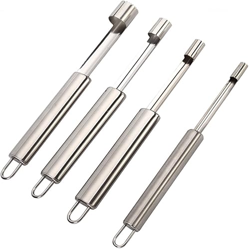 Juego de descorazonador de frutas con núcleo de acero inoxidable, removedor de semillas en hoja dentada afilada, tallo de descascarillador,