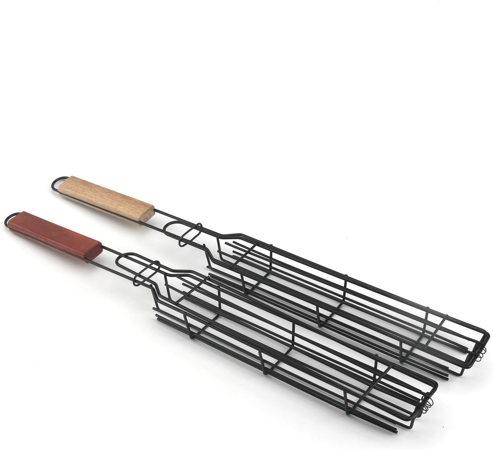 BBQ Grilling Basket 2 Pieces Outdoor Wooden Handle - Large Capacity Design for Grilling Meat and Vegetables - for Camping, Picnics, and Charcoal Grilling - Long Heat-Resistant Handles 49cm