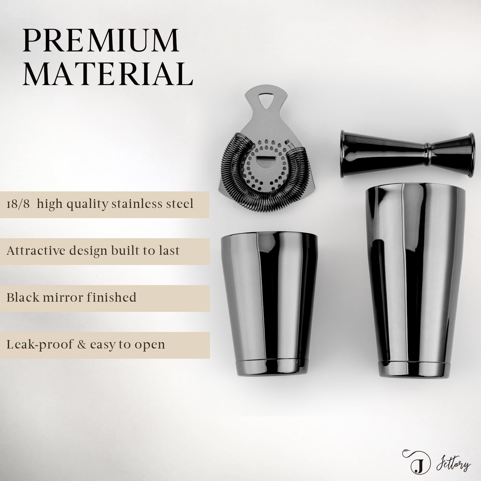 Boston Shaker Set - 4-teiliges Cocktail Shaker-Kit mit 18/28 oz Boston Shaker Edelstahl, Barsieb und Messbecher, in Einer stilvollen Geschenkbox - Ideal für die Hausbar Einsatz (Schwarz).