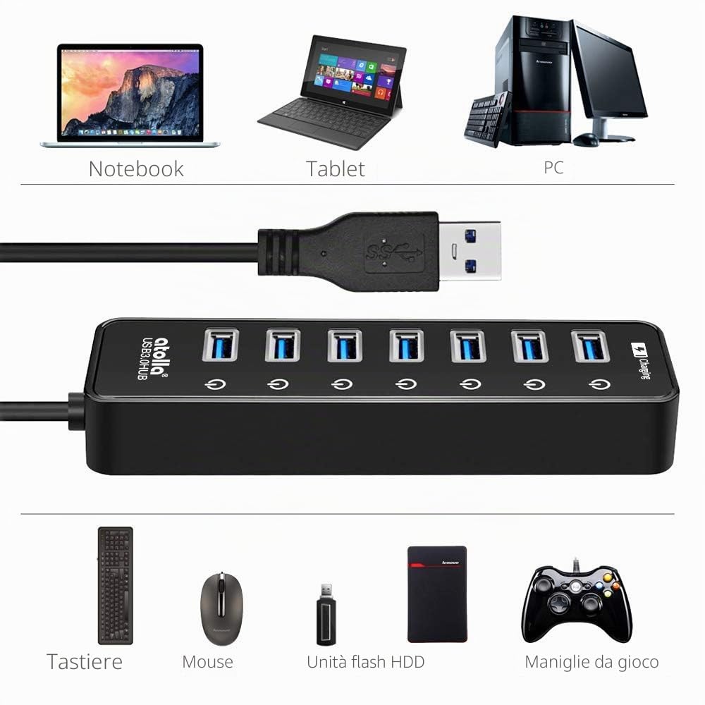 Atolla Hub USB 3.0 7 Porte alimentato Multi Porta USB + 1 Porto ricarica intelligente con Tasti di Accensione/Spegnimento e LED illuminata e adattatore di alimentazione(nero)