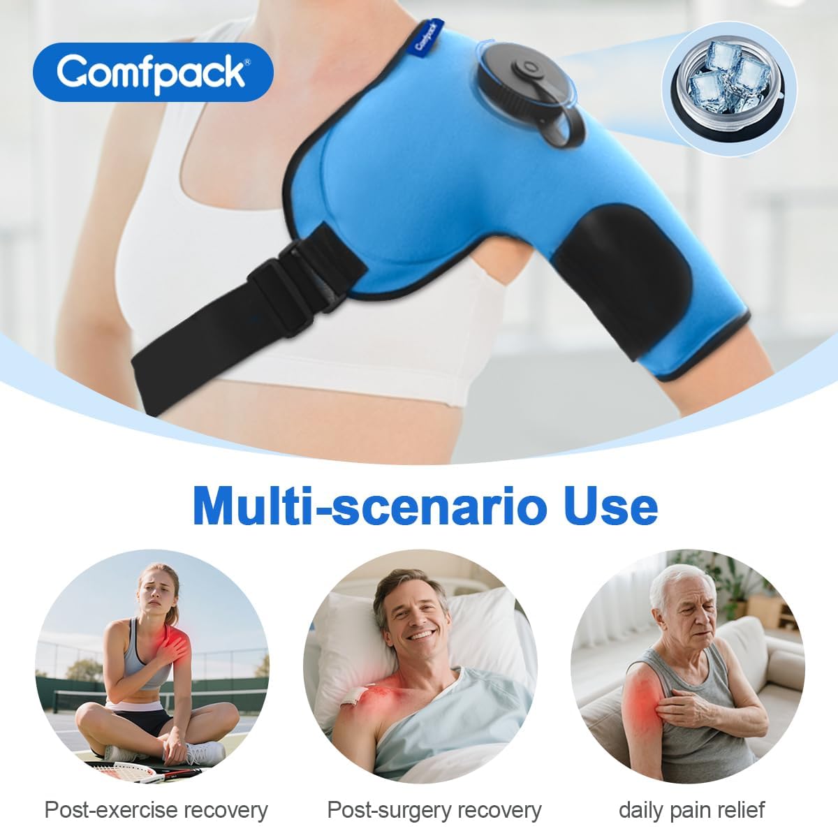 Comfpack Bolsa de hielo recargable para aliviar el dolor de hombro, bolsa fría de viaje con correas para lesiones, puño rotador, hinchazón, dolor muscular, recuperación después de la cirugía