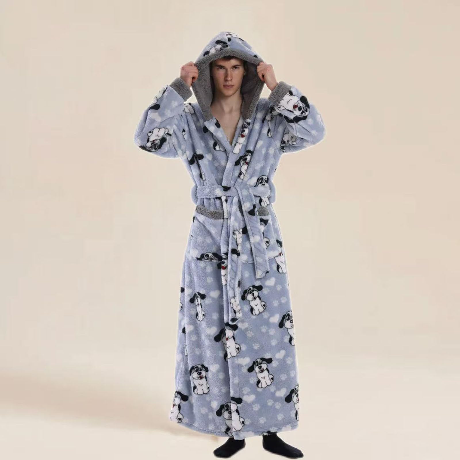 Accappatoio da donna con cappuccio con divertente stampa a cartoni animati per accoglienti serate invernali, con cintura per legare, pratiche tasche, ideale per ore di relax in casa, abbigliamento