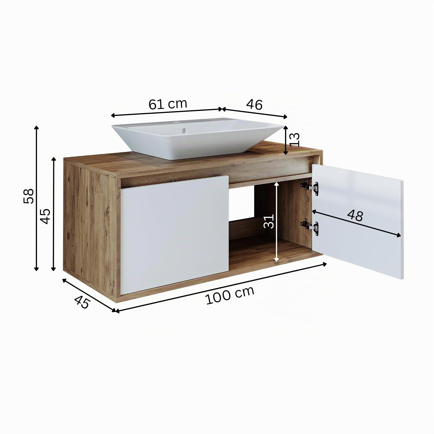 Roomart, Atlantic, armadietto da 100 cm con lavabo in ceramica, set di mobili da bagno, 4 pezzi, armadietto a specchio, armadio alto (rovere bianco)