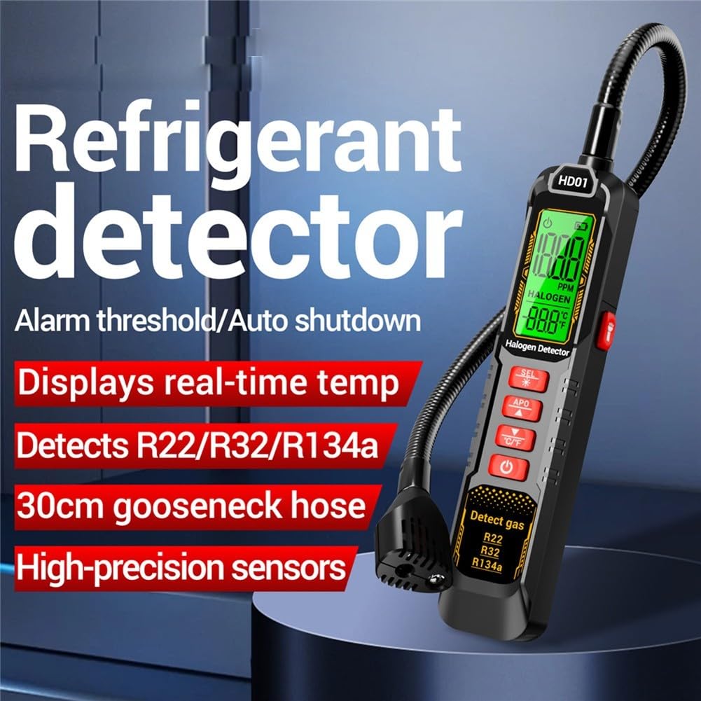 Detector de fugas HD01 para R22/R32/R134a, medidor digital de fugas 0 – 1000 PPM con circuito flexible y alarma, detector halógeno para sistemas de aire acondicionado de coche y sistemas HVAC (RT01