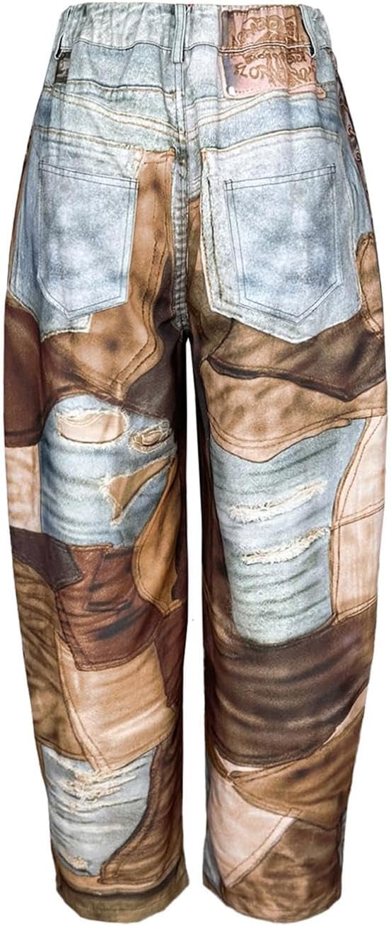 Women's Casual Cargo Demin Pants High Waist Jeans Color Block Pants Y2K Trendy Streetwear