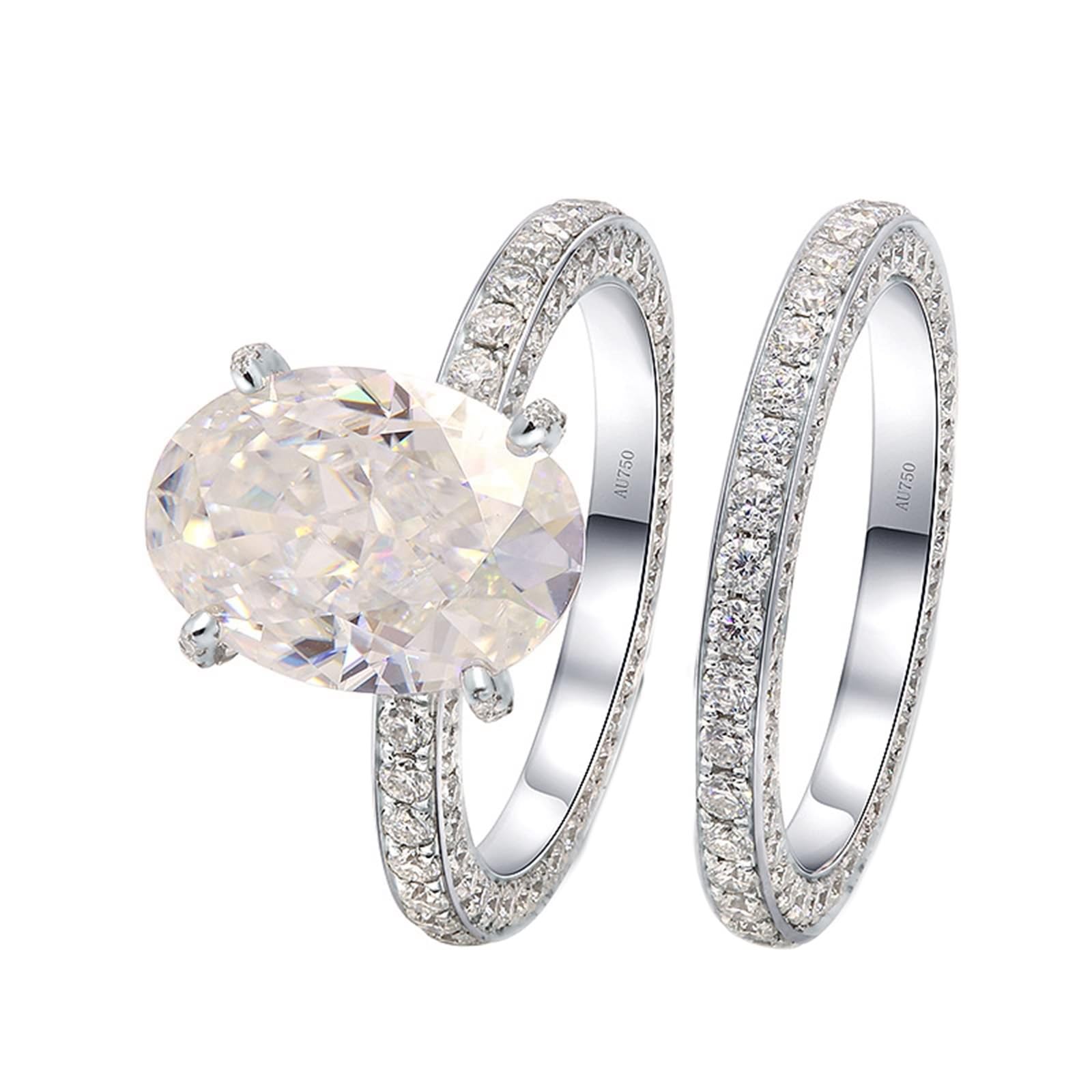 Lot de 2 bagues en or blanc véritable 14 K/18 carats avec moissanite 7 carats coupe ovale Au750/Au585 pour couple