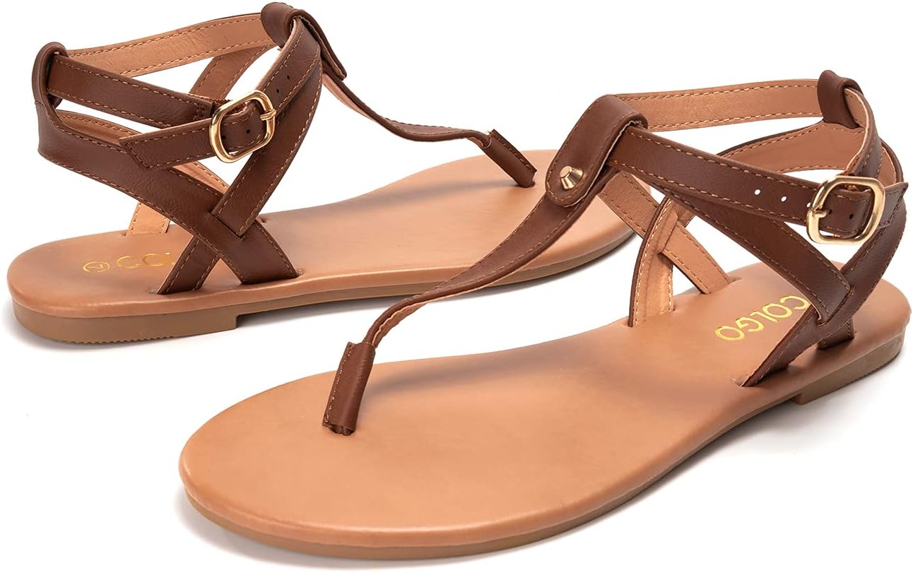 Colgo Thong Flat Sandals, Casual Women T-Strap Dress Sandals with Adjustable Ankle Buckle for Summer Wedding - Image 7