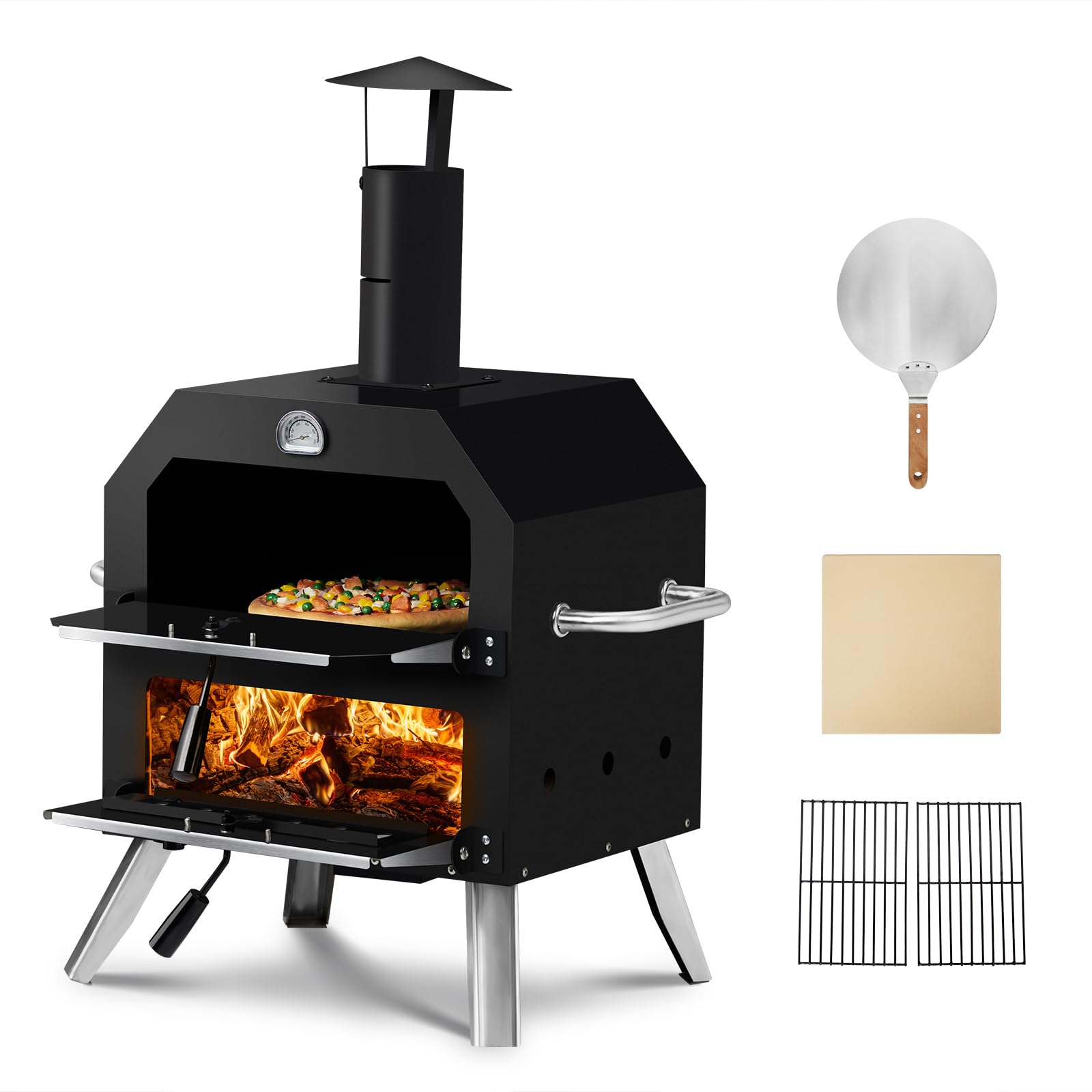ROVSUN 12’’ Outdoor Countertop Pizza Oven, Wood Fired Pizza Maker Included Pizza Stone, Pizza Peel, Chimney with Lid, Fold-up Legs, Portable Cooking