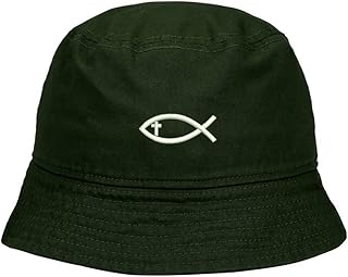 Mens Bucket Hat Jesus Christian Fish with Cross Embroidered Washed Cotton Classic Bucket Hat (Green,7 1/2)