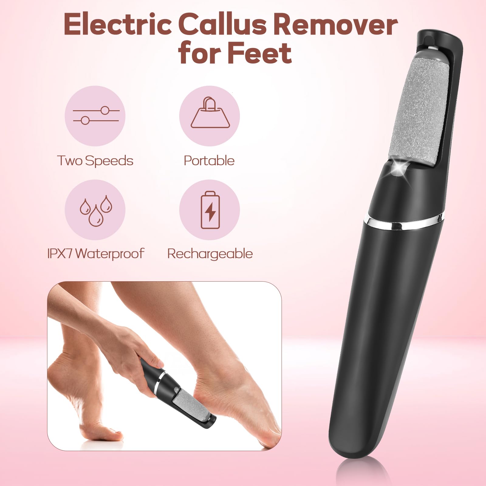 Removedor eléctrico de callos de pies, removedor de callos para pies, kit de herramientas de pedicura portátil recargable, varita de pedicura suave para el cuidado de los pies, elimina la piel seca