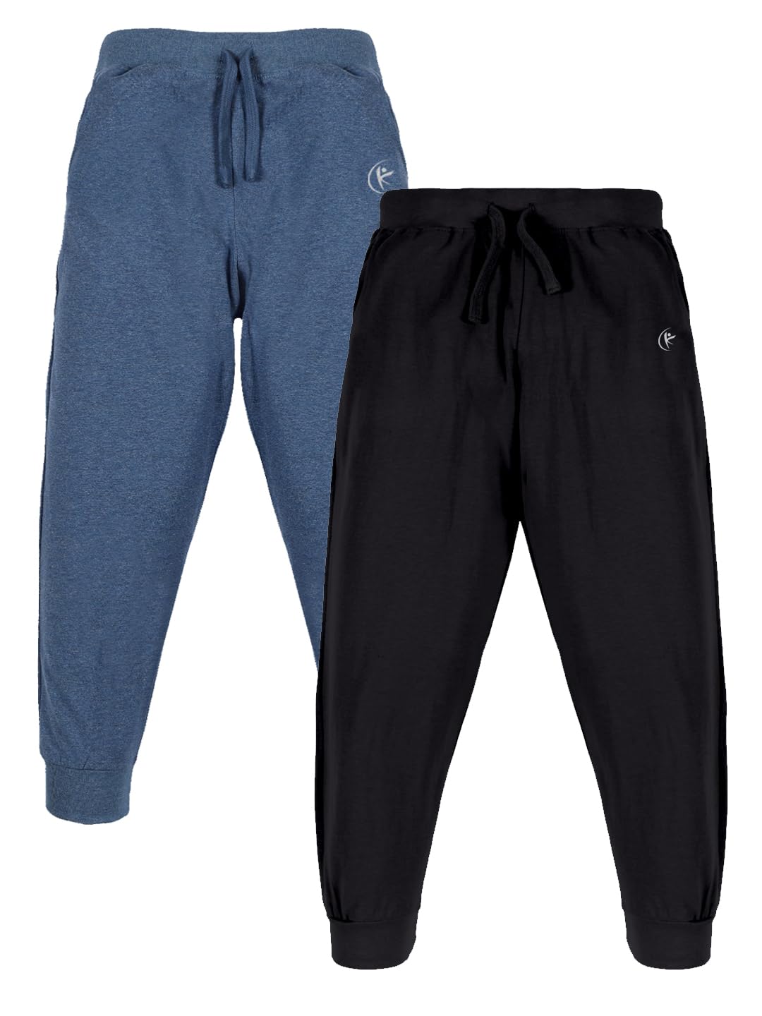 KiddoPanti 100% Cotton Track Pants for Boys & Girls | Soft Single Jersey Fabric | Elastic Waist with Drawcord | Full Length with Rib Hem & Pockets | Joggers for Kids, Blue Melange & Jet Black - 12-14Y