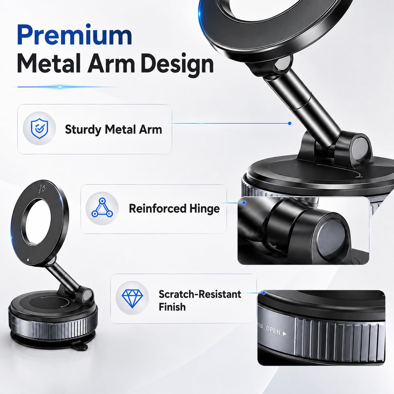 Soporte magnético para teléfono de coche, ventosa al vacío y almohadilla adhesiva, soporte 2 en 1, 24 imanes N52, rotación de 360°, soporte universal compatible con MagSafe para salpicadero