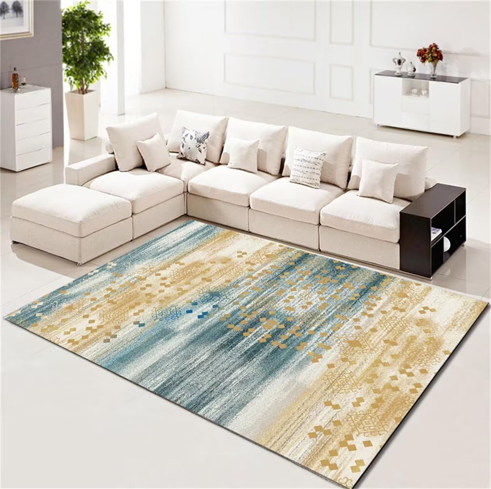 Tapis de salle à manger bleu au motif géométrique pour une déco tendance