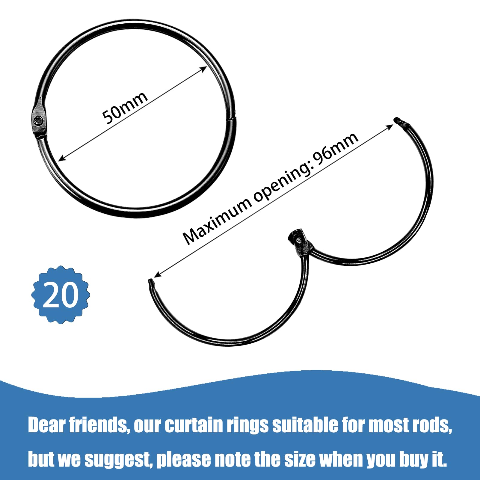 Lot De 24 Anneaux Pour Rideaux De Douche - Métal Noir, Ouverture Par Pression, Taille 35mm (pour Tringle 20-32mm)