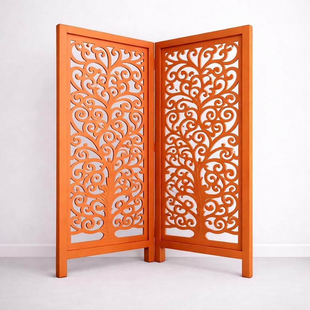 Wooden Room Divider | Privacy Screen Partition | Freestanding Folding Floor Panel | Decorative Carved Handicraft Separator for Living Room, Bedroom & Office 2 Panels 4 feet Tree (Orange)-image-36