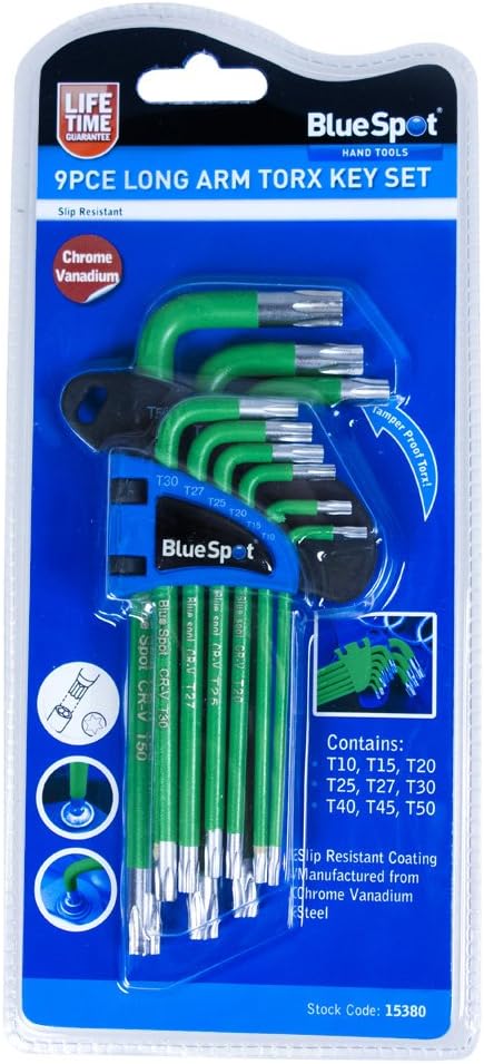 Blue Spot 15380 Long Arm Chrome Vanadium Tamper Proof Torx Key Set, Green, Set of 9 Piece